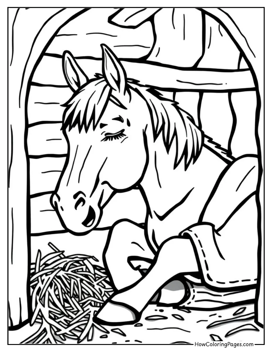 π΄ Horse Coloring Pages for Kids β Free Printable PDF Fun! 13 Sleepy horse resting inside a cozy stable