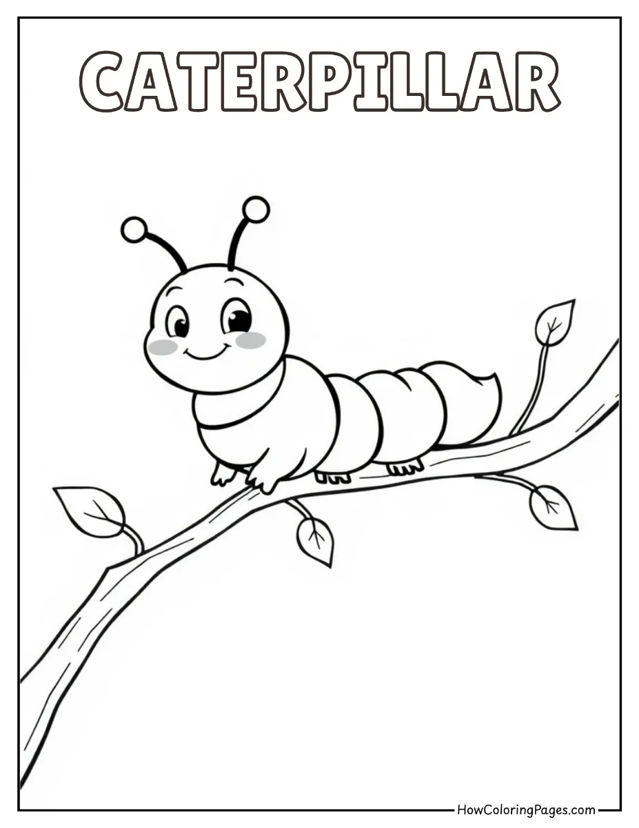 π Insects Coloring Pages β Free Printable PDF for Kids 15 Smiling caterpillar crawling on a leaf coloring page