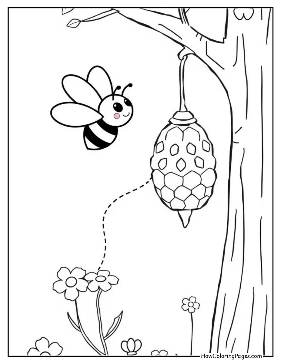 π Insects Coloring Pages β Free Printable PDF for Kids 9 Honey bee flying near a beehive coloring page