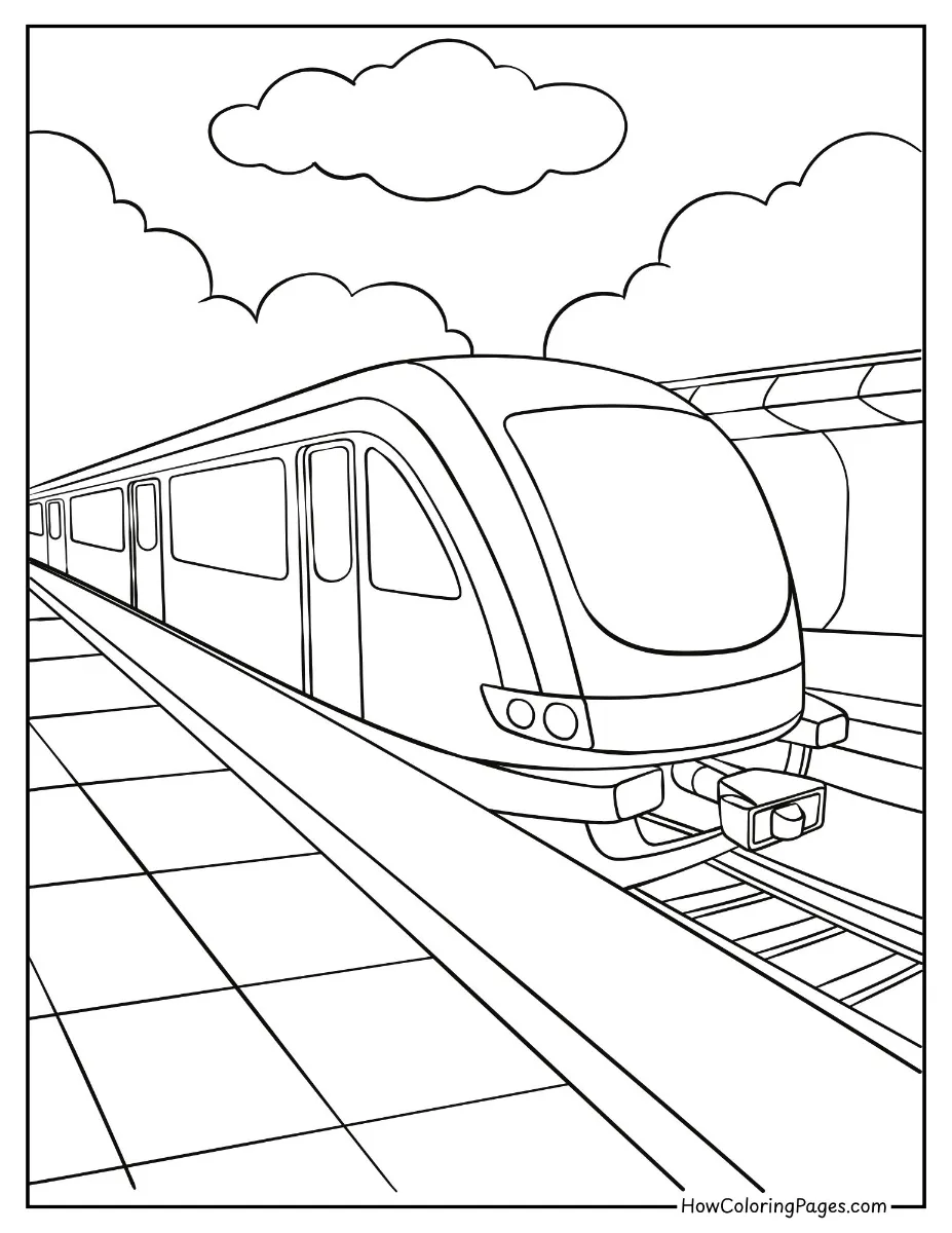 π Train Coloring Pages for Kids β Free PDF Printable Fun 13 Sleek bullet train speeding down tracks β futuristic train coloring page.