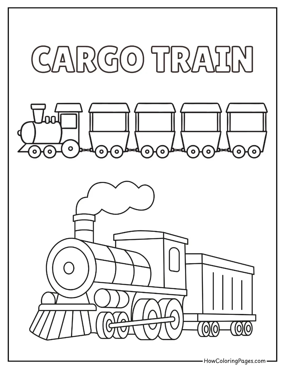 π Train Coloring Pages for Kids β Free PDF Printable Fun 2 Long cargo train with multiple freight cars β fun train coloring page for kids.
