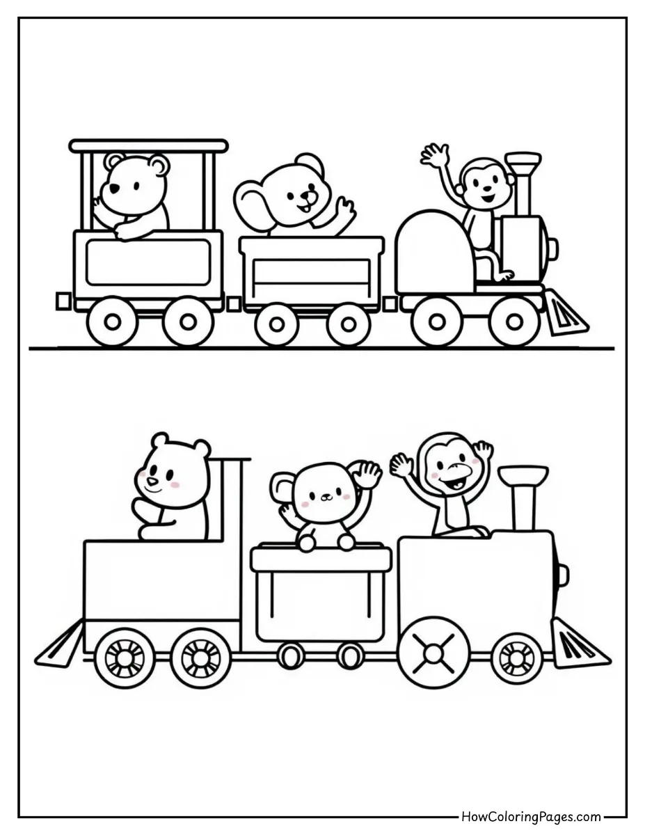 π Train Coloring Pages for Kids β Free PDF Printable Fun 3 Cartoon train with cute animal passengers β playful train coloring page for children.