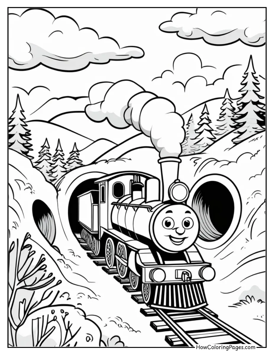 π Train Coloring Pages for Kids β Free PDF Printable Fun 7 Train passing through mountain hills β peaceful train coloring page for kids.