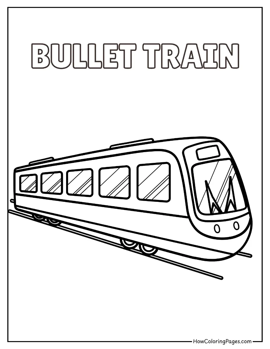 π Train Coloring Pages for Kids β Free PDF Printable Fun 8 Easy-to-color bullet train β modern train coloring page for young learners.