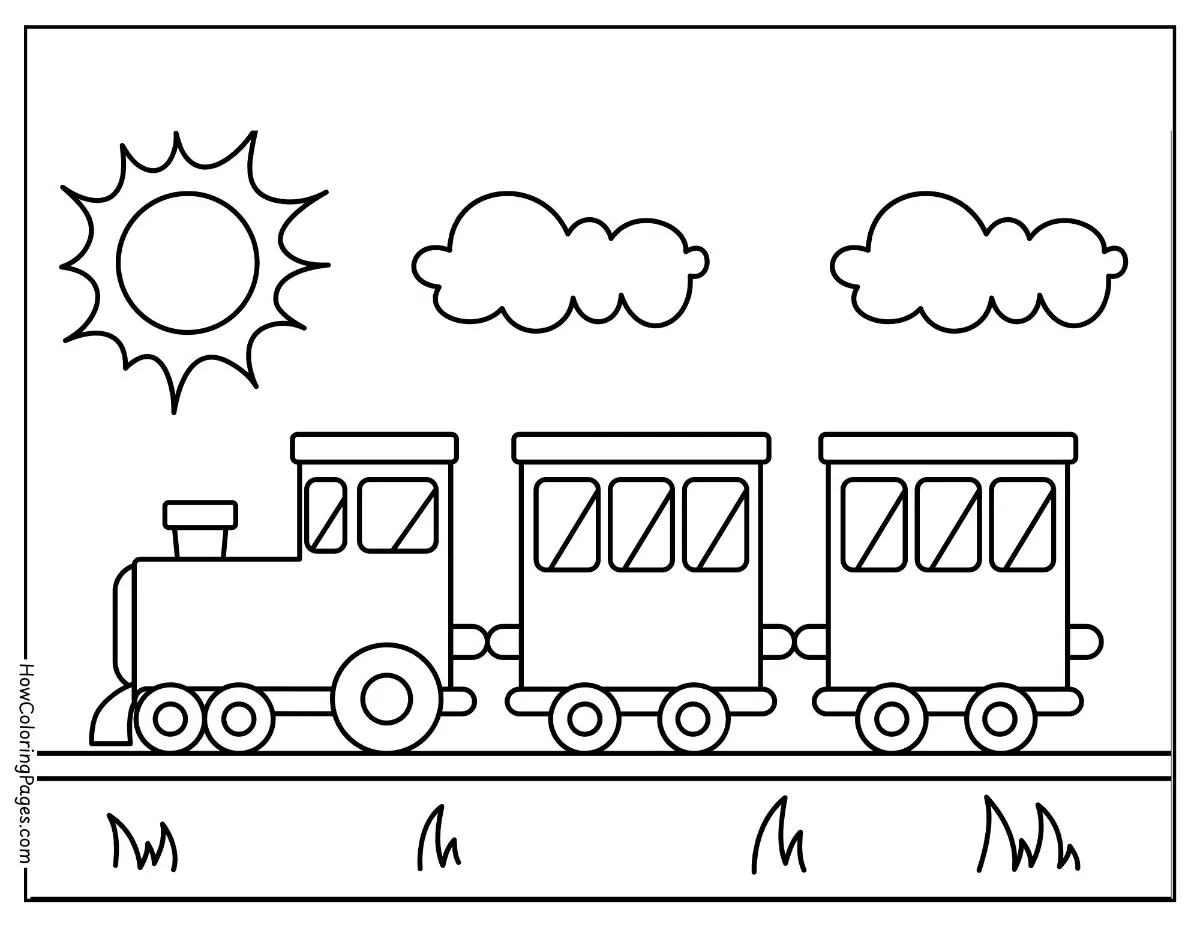π Train Coloring Pages for Kids β Free PDF Printable Fun 5 Cartoon-style train with rectangle windows β beginner train coloring page for children.