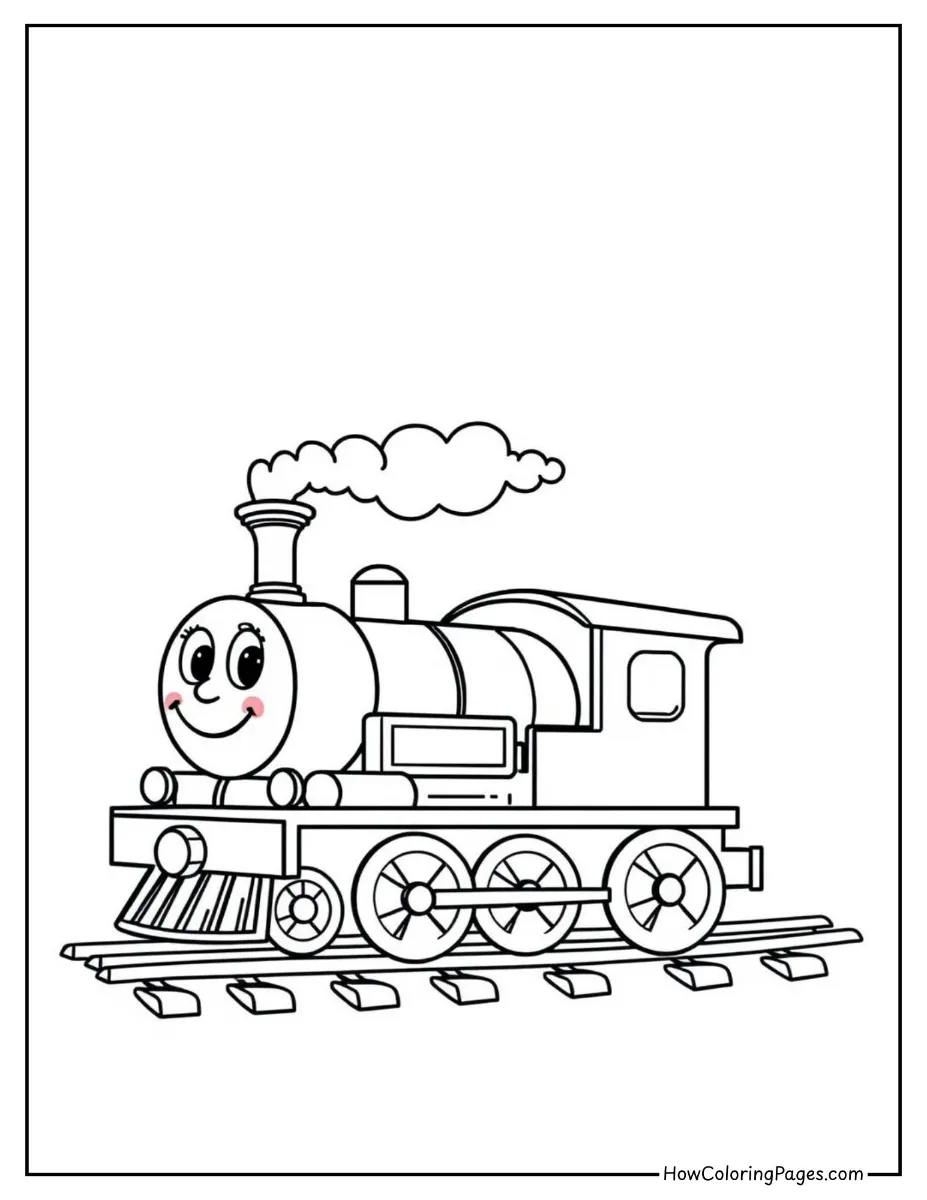 π Train Coloring Pages for Kids β Free PDF Printable Fun 9 Happy steam engine with cartoon face β cute train coloring page for toddlers.