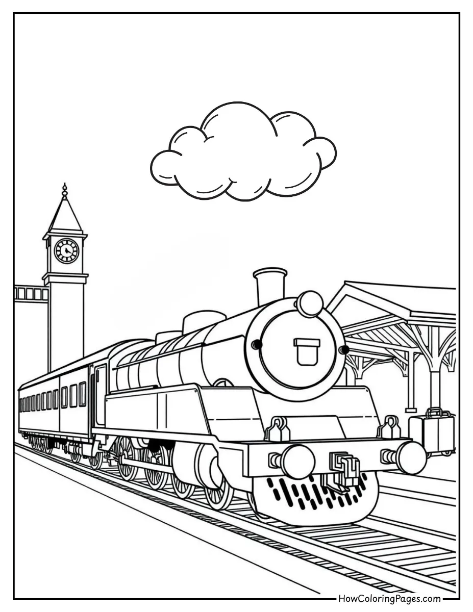 π Train Coloring Pages for Kids β Free PDF Printable Fun 10 Classic steam engine waiting at a train station β nostalgic train coloring page.