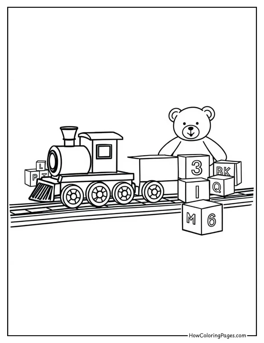 π Train Coloring Pages for Kids β Free PDF Printable Fun 11 Toy train with simple shapes β preschool-friendly train coloring page.