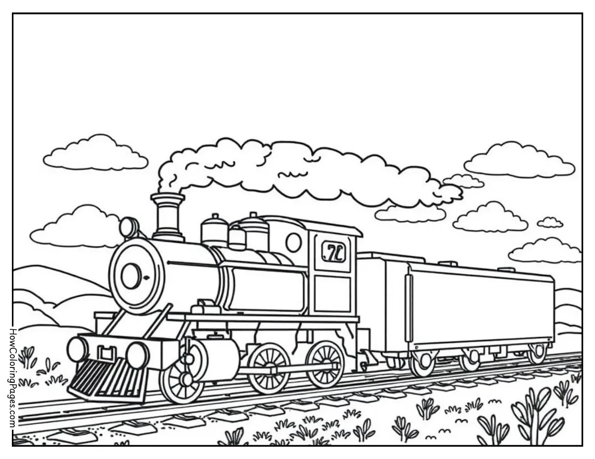 π Train Coloring Pages for Kids β Free PDF Printable Fun 4 Train riding through open countryside β nature-themed train coloring page.